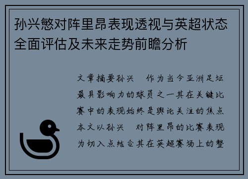 孙兴慜对阵里昂表现透视与英超状态全面评估及未来走势前瞻分析