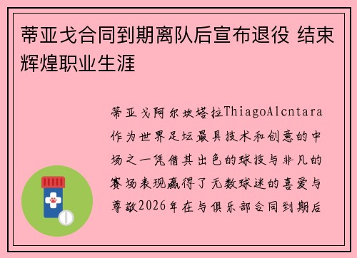 蒂亚戈合同到期离队后宣布退役 结束辉煌职业生涯